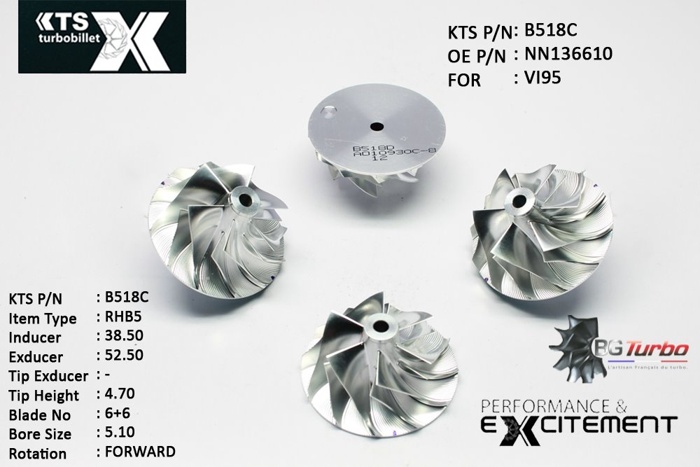 Turbo ROUE FORGÉE MFS PERFORMANCE - 6+6 PALES - INDUCER : 38,5 - EXDUCER : 52,5 - TYPE : RHB5ANGLE : 60° - ROTATION : Forward - SUPER BACK : 0 - BORE SIZE : 5,1

